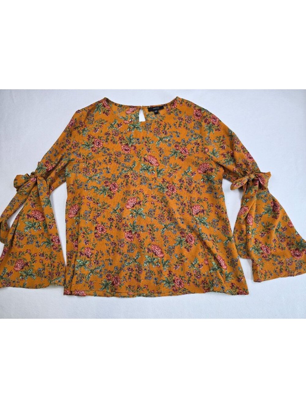 Bohemian Boho Floral Bell Sleeve with Bows Blouse Womens L Very J Orange
